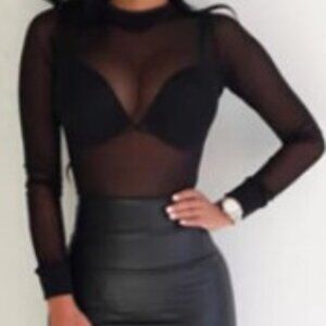 Black Sexy Womens' Long Sleeve Sheer Transparent Mesh Turtleneck T-Shirt